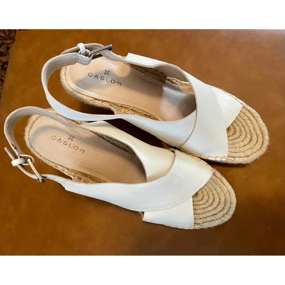 Caslon Womens White Leather Espadrille Wedge Sandals Slingback Size 8.5 M EUC